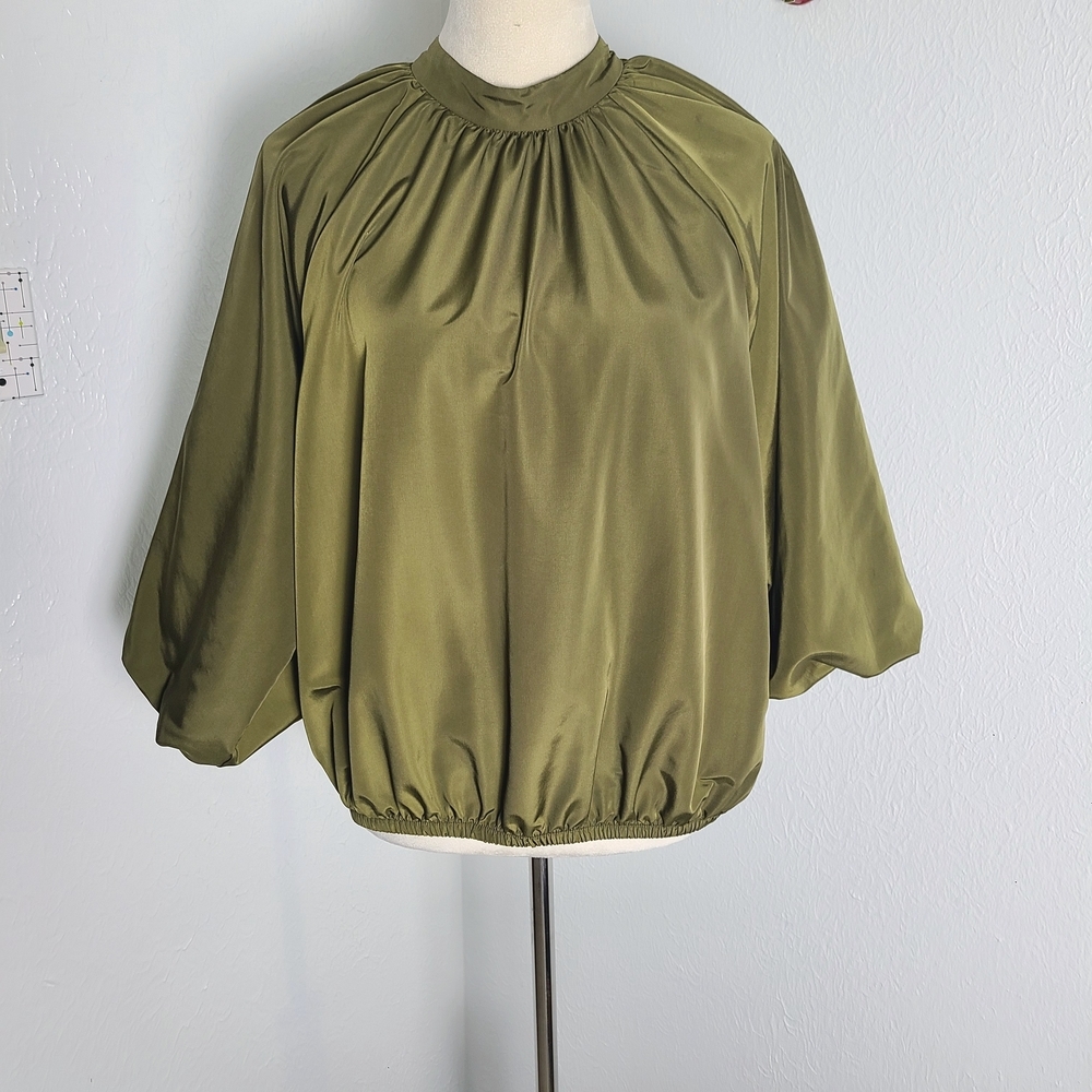 Worthington Olive Green Mock Turtleneck Top, Lantern Sleeves, Size Large